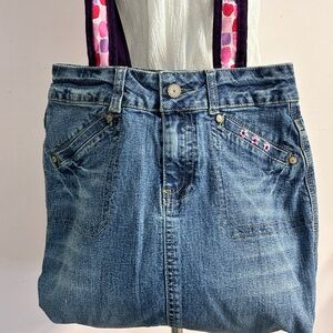 Women’s Handmade/Upcycled Denim Shoulder Bag, Embroidery, Lined, Blue/Pink